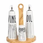 Set Distributeur Huile et Vinaigre en Céramique avec Salière, Poivrière et Support en Bois