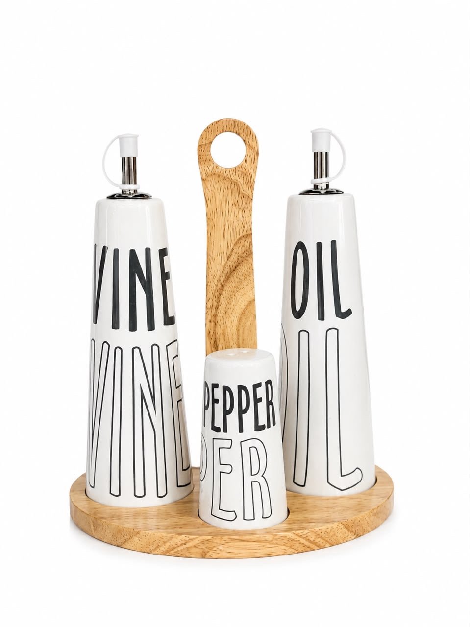 Set Distributeur Huile et Vinaigre en Céramique avec Salière, Poivrière et Support en Bois Set Distributeur Huile et Vinaigre en Céramique avec Salière, Poivrière et Support en Bois – Image 1