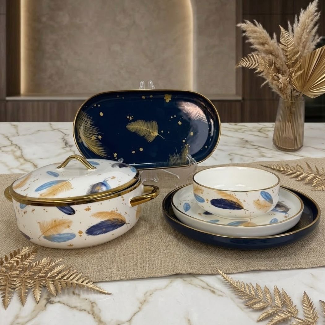 Service a table plume blue mat - 5 Service de Table "Plumes d'Or" - 21 Pièces – Image 1